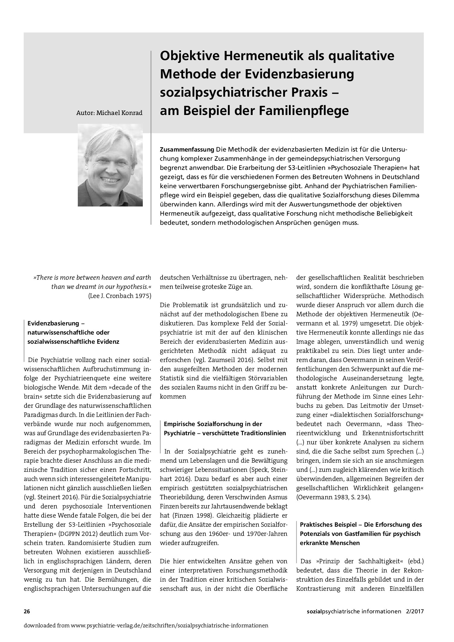 Vorschauseite 1: Objektive Hermeneutik als qualitative Methode der Evidenzbasierung sozialpsychiatrischer Praxis – am Beispiel der Familienpflege