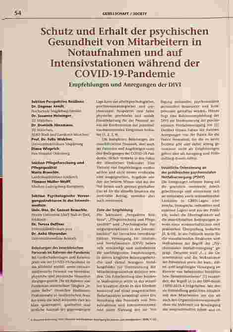 Vorschauseite 1: Schutz und Erhalt der psychischen Gesundheit von Mitarbeitern in Notaufnahmen und auf Intensivstationen während der COVID-19-Pandemie