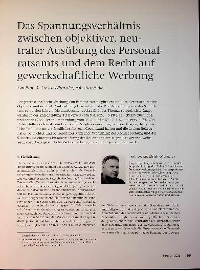 Vorschauseite 1: Das Spannungsverhältnis zwischen objektiver, neu traler Ausübung des Personalratsamts und dem Recht auf gewerkschaftliche Werbung