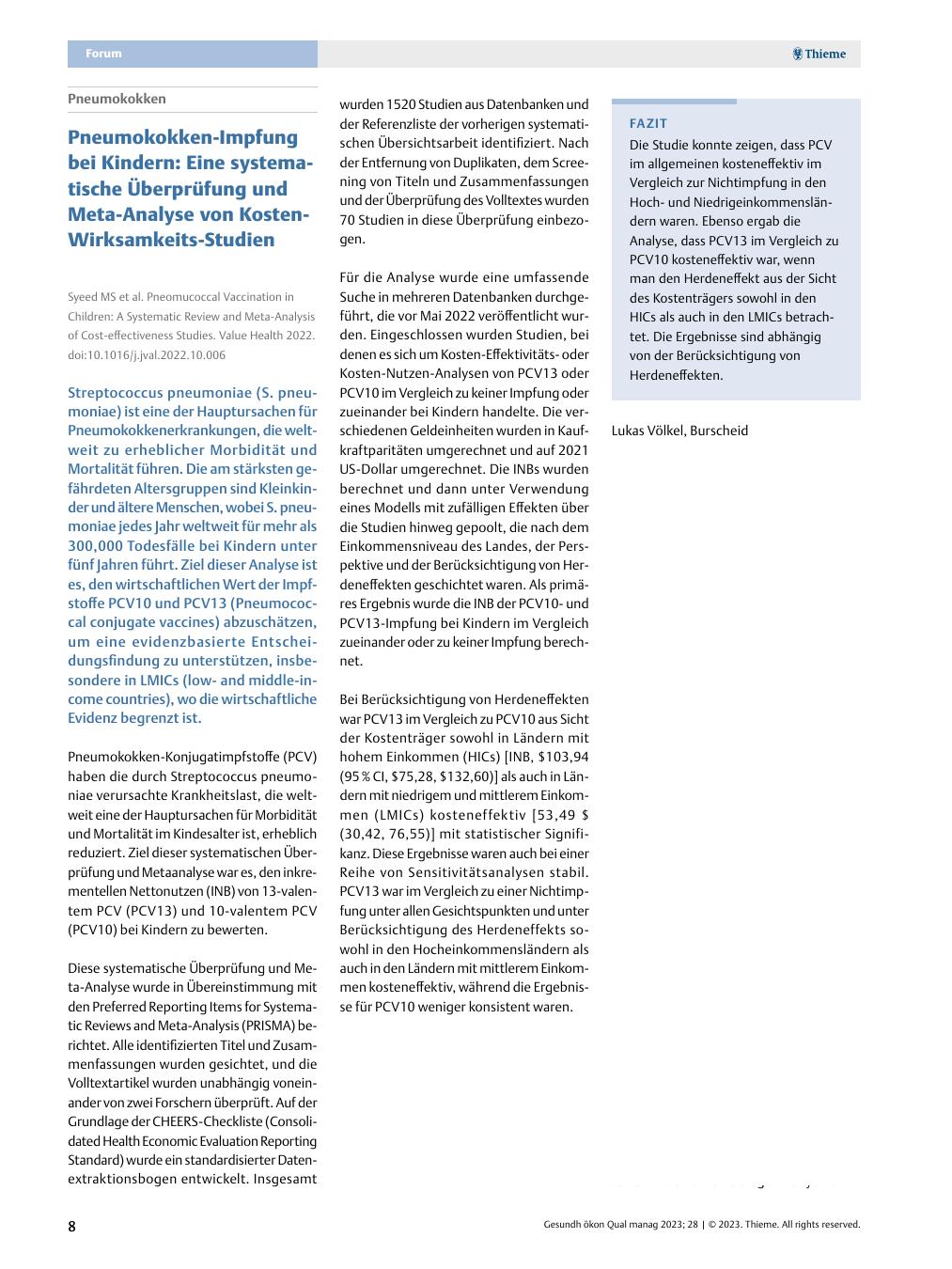 Vorschauseite 1: Pneumokokken - Pneumokokken-Impfung bei Kindern: Eine systematische Überprüfung und Meta-Analyse von Kosten-Wirksamkeits-Studien