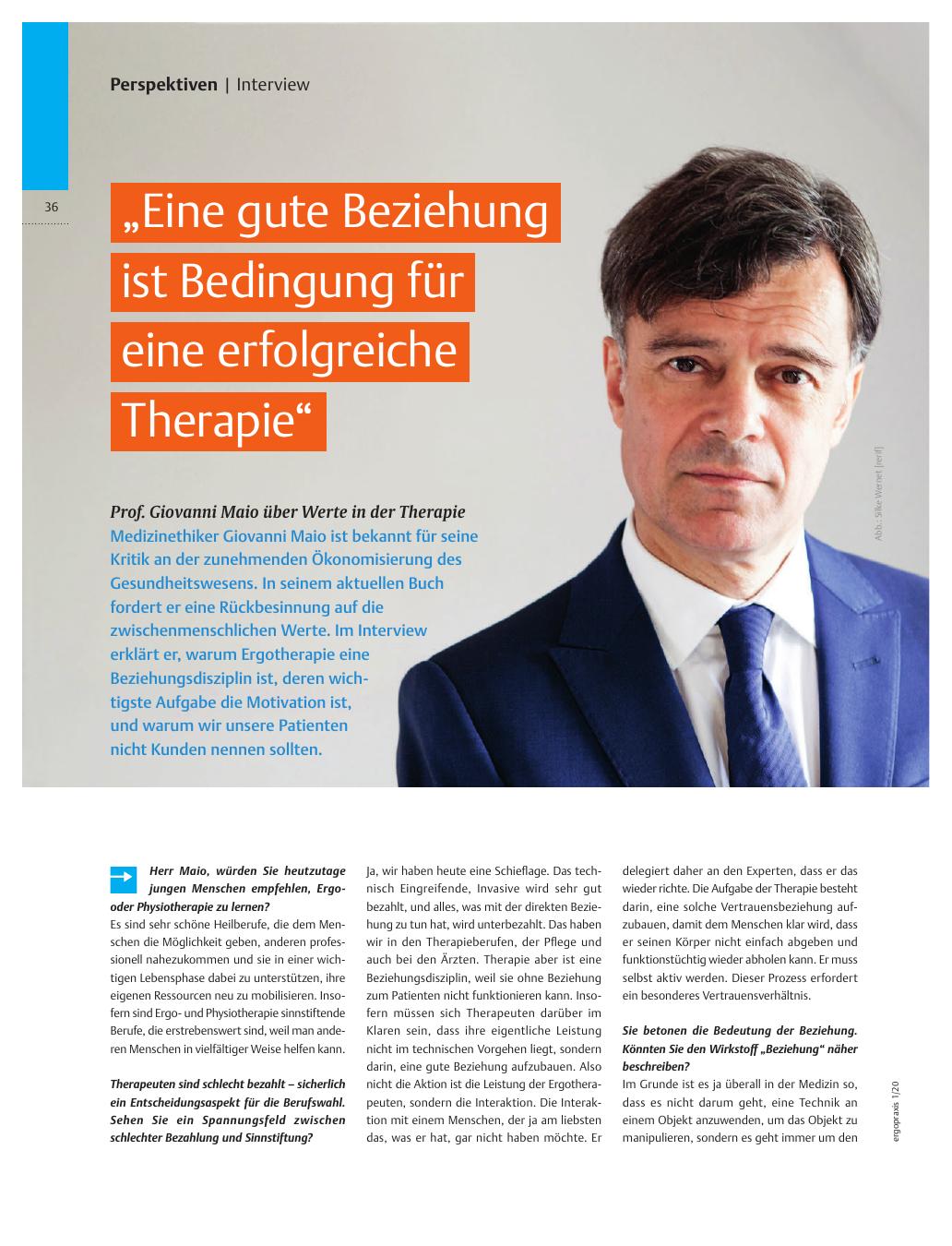 Vorschauseite 1: Eine gute Beziehung ist Bedingung für eine erfolgreiche Therapie - Prof. Giovanni Maio über Werte in der Therapie.