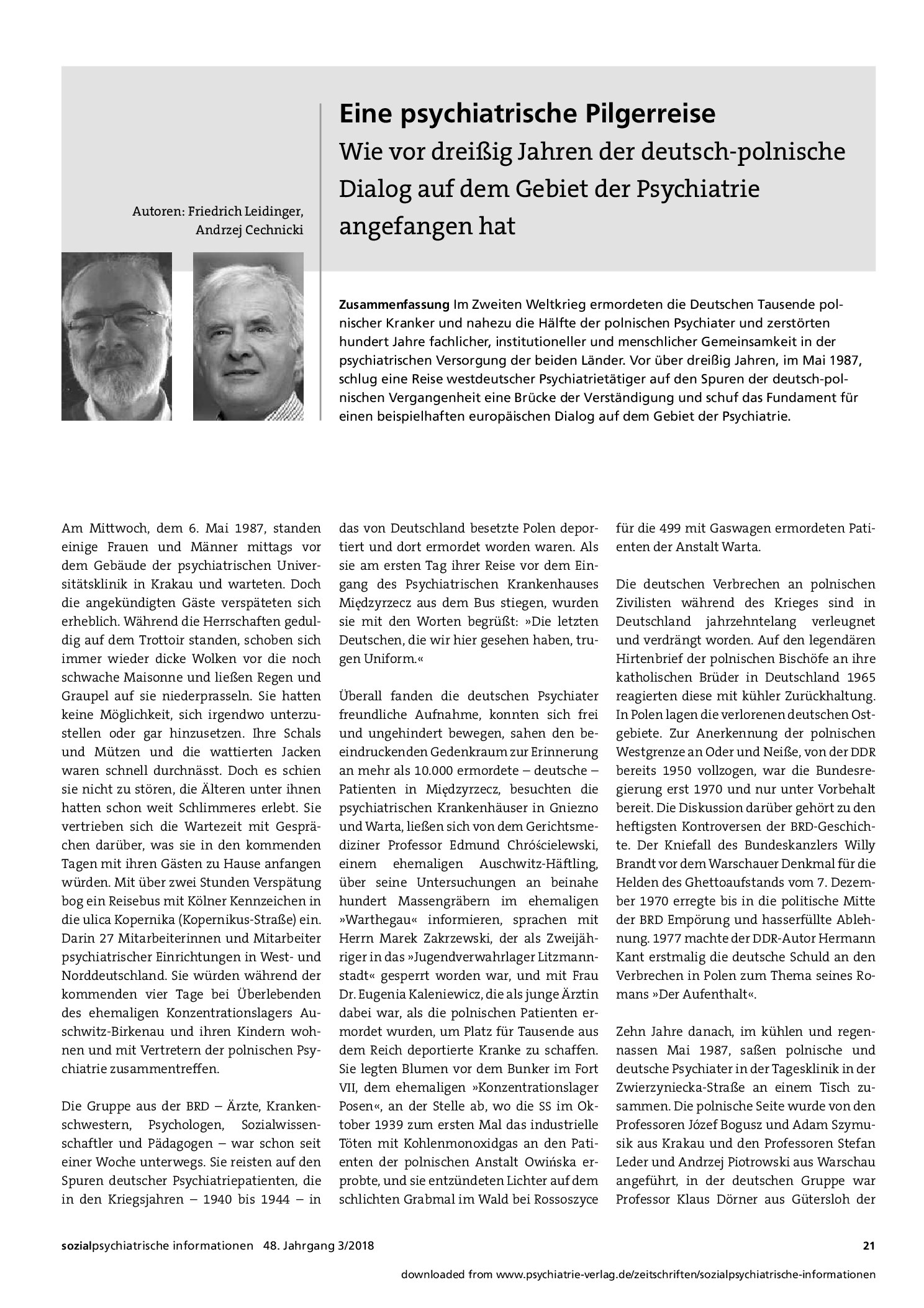 Vorschauseite 1: Eine psychiatrische Pilgerreise: Wie vor dreißig Jahren der deutsch-polnische Dialog auf dem Gebiet der Psychiatrie angefangen hat