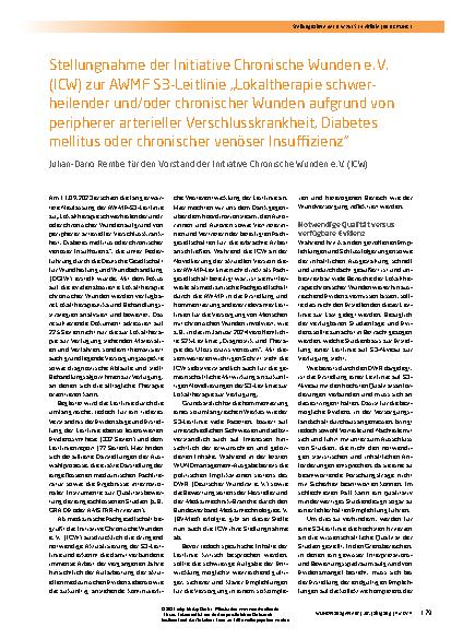 Vorschauseite 1: Stellungnahme der Initiative Chronische Wunden e. V. (ICW) zur AWMF S3-Leitlinie „Lokaltherapie schwerheilender und/oder chronischer Wunden aufgrund von peripherer arterieller Ver…