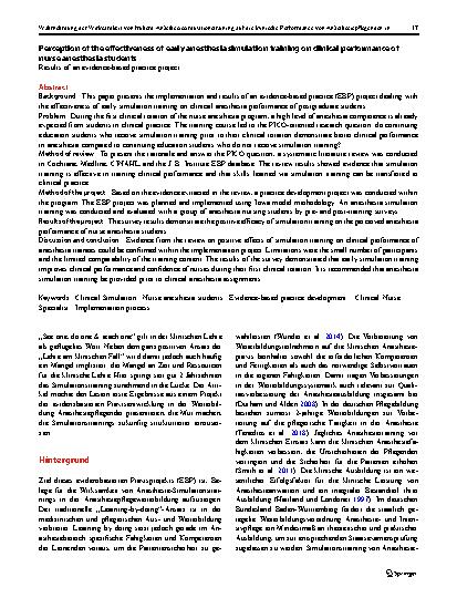 Vorschauseite 2: Wahrnehmung der Wirksamkeit von frühem Anästhesiesimulationstraining auf die klinische Performance von Anästhesiepflegenden in Weiterbildung