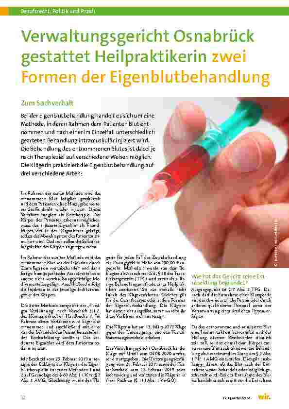 Vorschauseite 1: Verwaltungsgericht Osnabrück gestattet Heilpraktikerin zwei Formen der Eigenblutbehandlung