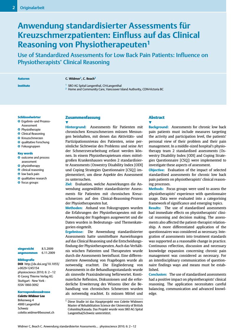 Vorschauseite 1: Anwendung standardisierter Assessments für Kreuzschmerzpatienten: Einfluss auf das Clinical Reasoning von Physiotherapeuten