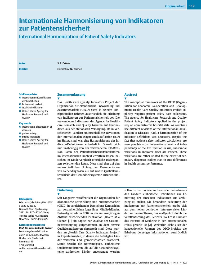 Vorschauseite 1: Internationale Harmonisierung von Indikatoren zur Patientensicherheit