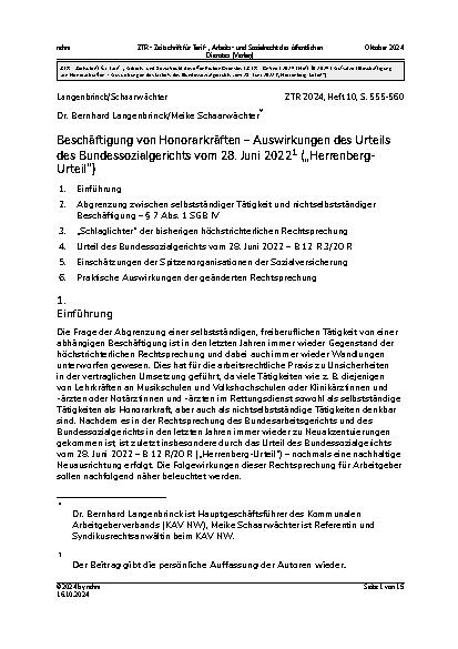 Vorschauseite 1: Beschäftigung von Honorarkräften – Auswirkungen des Urteils des Bundessozialgerichts vom 28. Juni 2021 („Herrenberg-Urteil“)