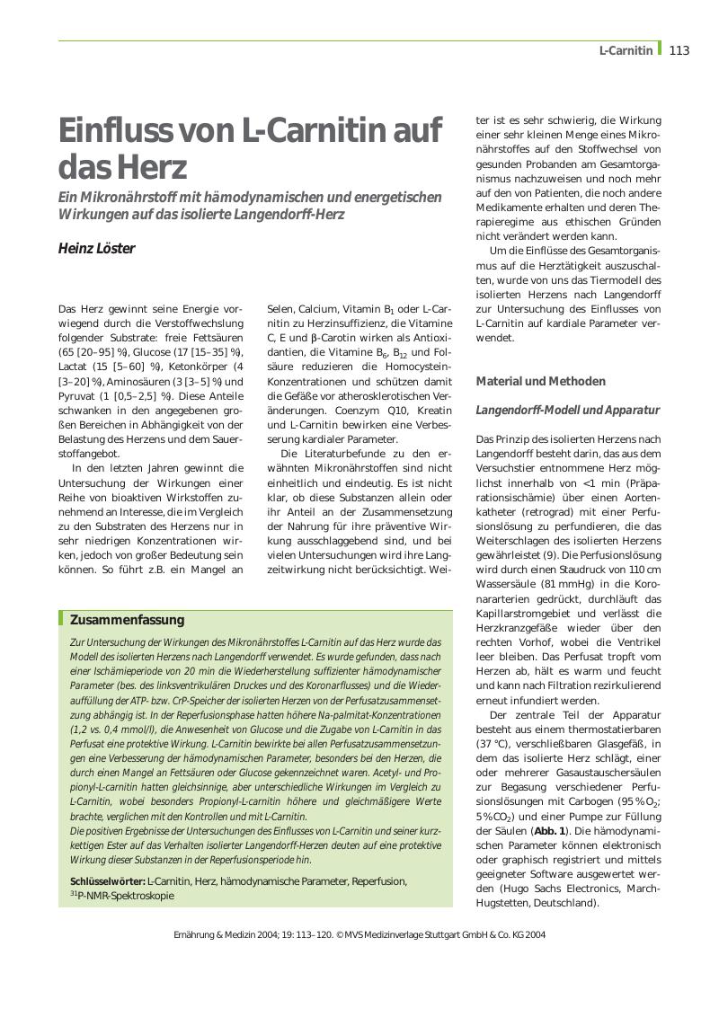 Vorschauseite 1: Einfluss von L-Carnitin auf das Herz - Ein Mikronährstoff mit hämodynamischen und energetischen Wirkungen auf das isolierte Langendorff-Herz