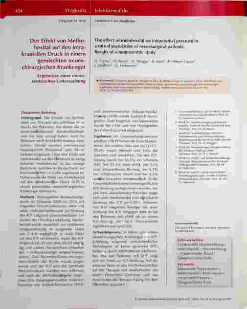 Vorschauseite 1: Der Effekt von Methohexital auf den intrakraniellen Druck in einem gemischten neurochirurgischen Krankengut: Ergebnisse einer monozentrischen Untersuchung.