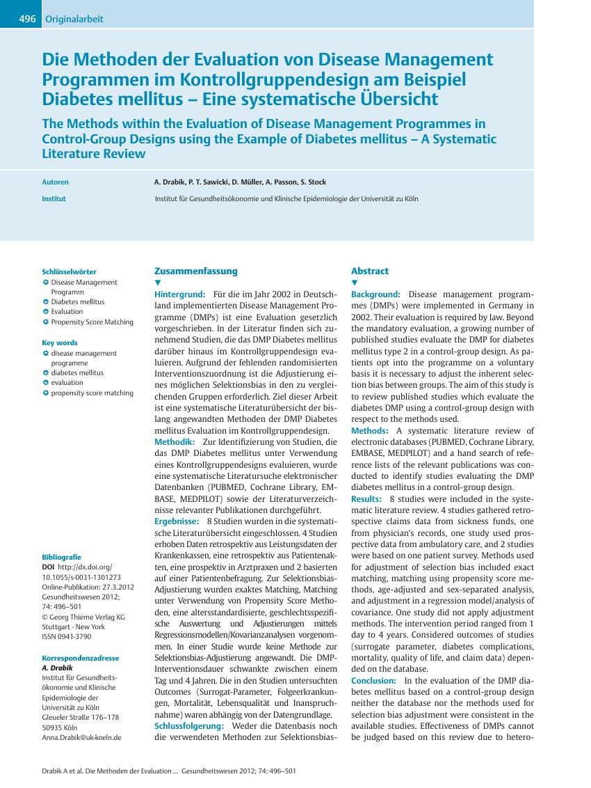 Vorschauseite 1: Die Methoden der Evaluation von Disease Management Programmen im Kontrollgruppendesign am Beispiel Diabetes mellitus – Eine systematische Übersicht