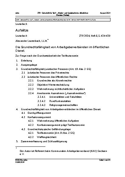 Vorschauseite 1: Die Grundrechtsfähigkeit von Arbeitgeberverbänden im öffentlichen Dienst
