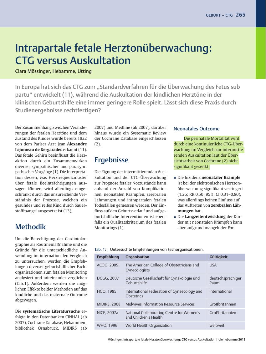 Vorschauseite 1: Intrapartale fetale Herztonüberwachung: CTG versus Auskultation
