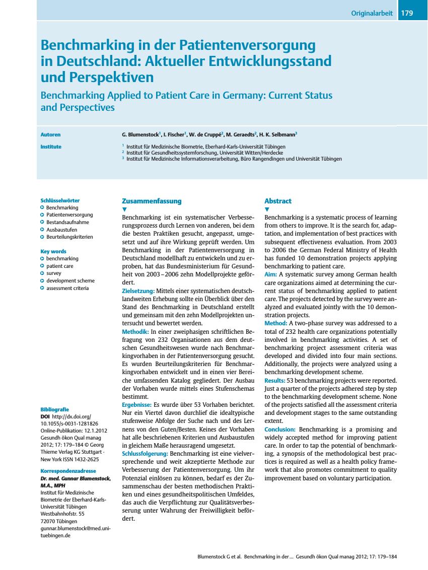 Vorschauseite 1: Benchmarking in der Patientenversorgung in Deutschland: Aktueller Entwicklungsstand und Perspektiven