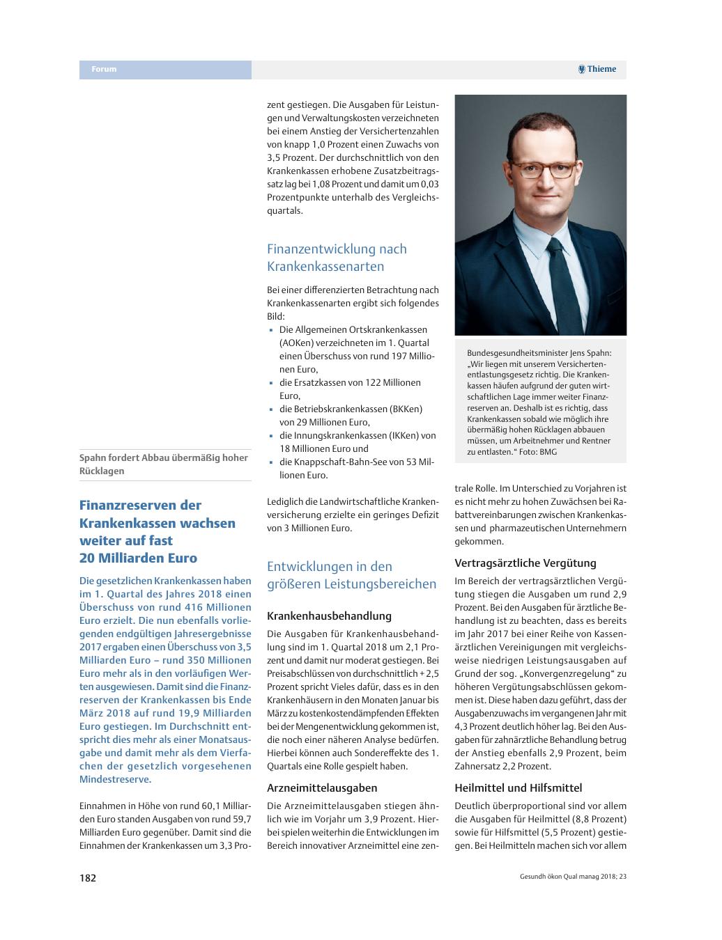 Vorschauseite 1: Spahn fordert Abbau übermäßig hoher Rücklagen ? Finanzreserven der Krankenkassen wachsen weiter auf fast 20 Milliarden Euro