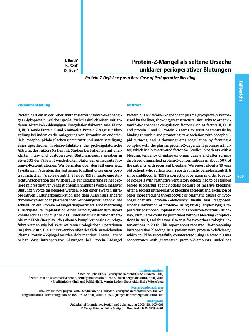 Vorschauseite 1: Protein-Z-Mangel als seltene Ursache unklarer perioperativer Blutungen