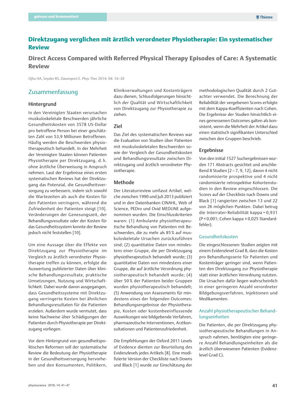 Vorschauseite 1: Direktzugang verglichen mit ärztlich verordneter Physiotherapie: Ein systematischer Review
