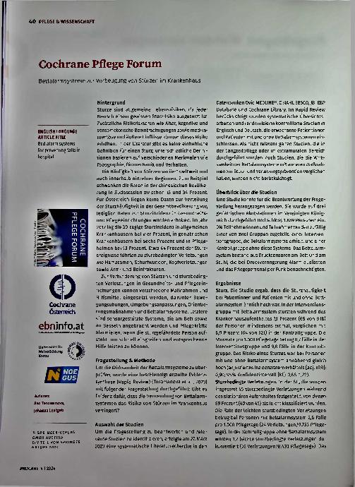 Vorschauseite 1: Cochrane Pflege Forum: Bettalarmsysteme zur Vorbeugung von Stürzen im Krankenhaus