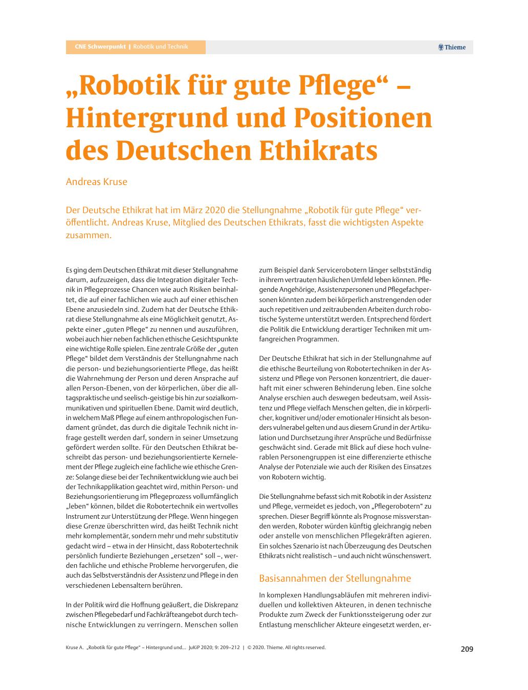 Vorschauseite 1: "Robotik für gute Pflege" – Hintergrund und Positionen des Deutschen Ethikrats