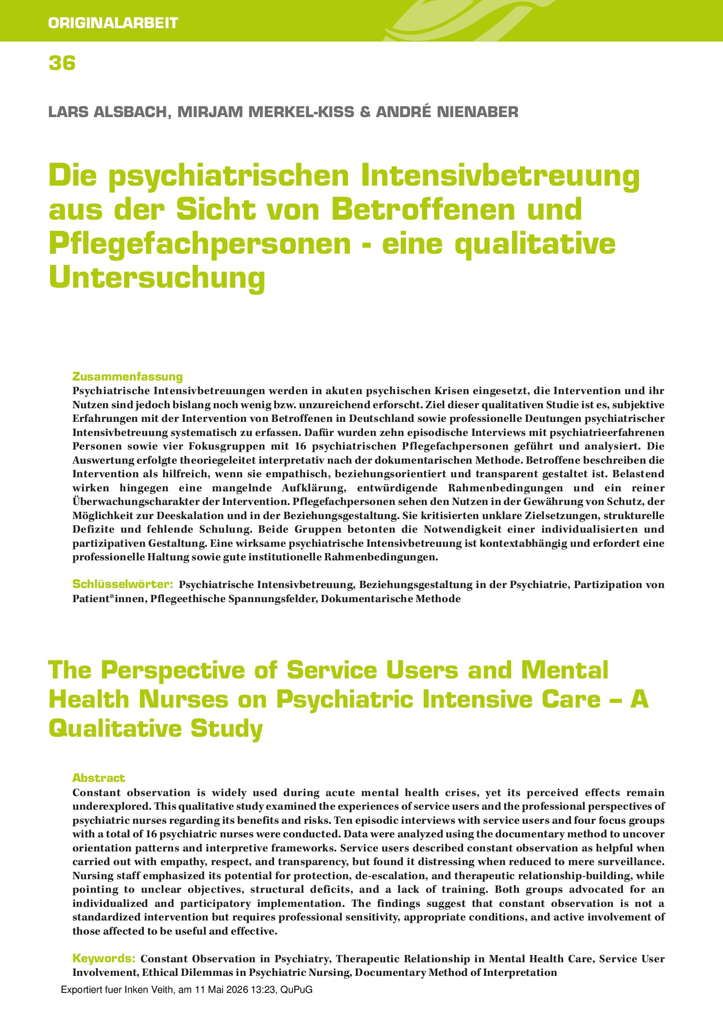 Vorschauseite 1: Die psychiatrische Intensivbetreuung aus der Sicht von Betroffenen und Pflegefachpersonen – eine qualitative Untersuchung