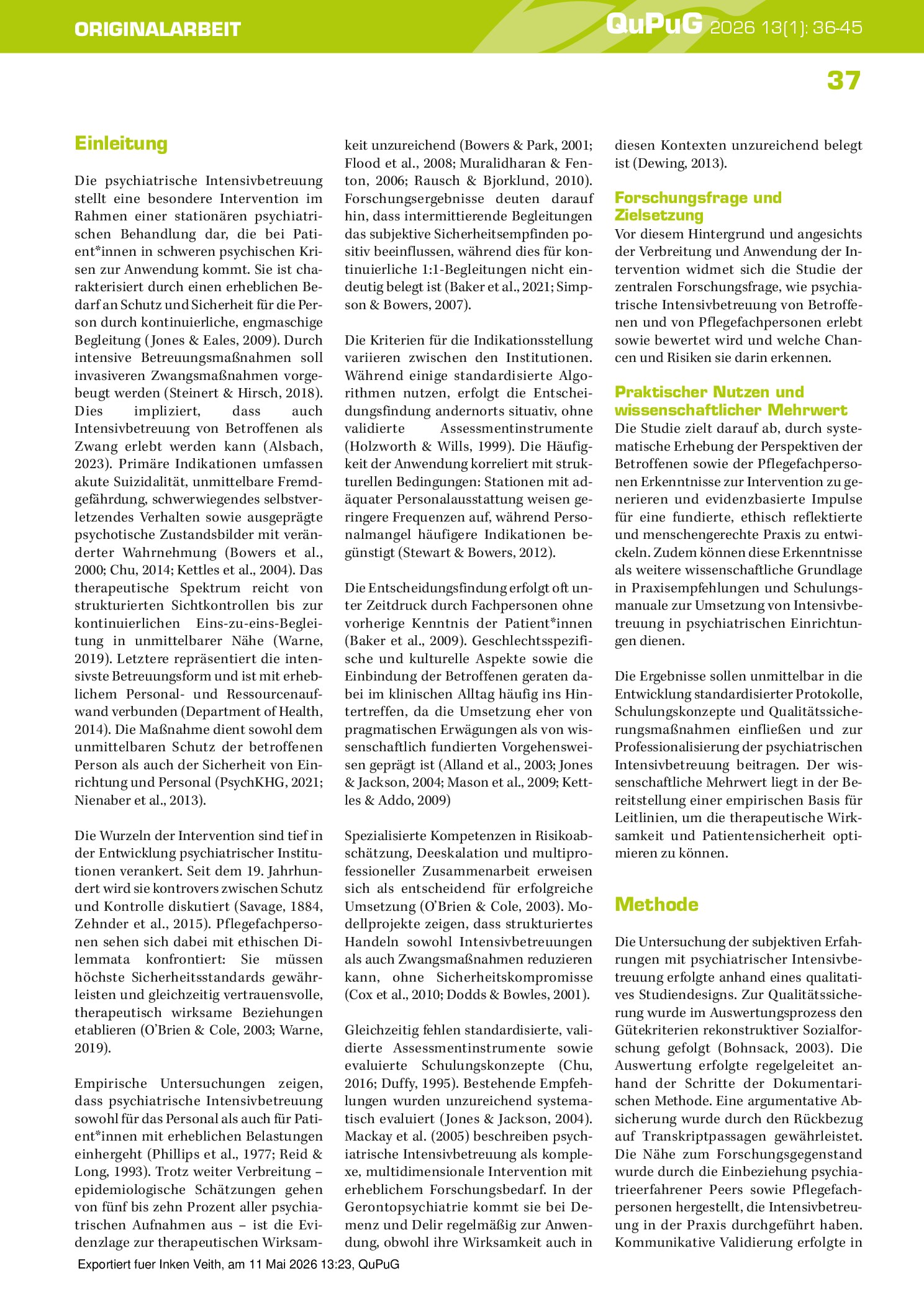 Vorschauseite 2: Die psychiatrische Intensivbetreuung aus der Sicht von Betroffenen und Pflegefachpersonen – eine qualitative Untersuchung