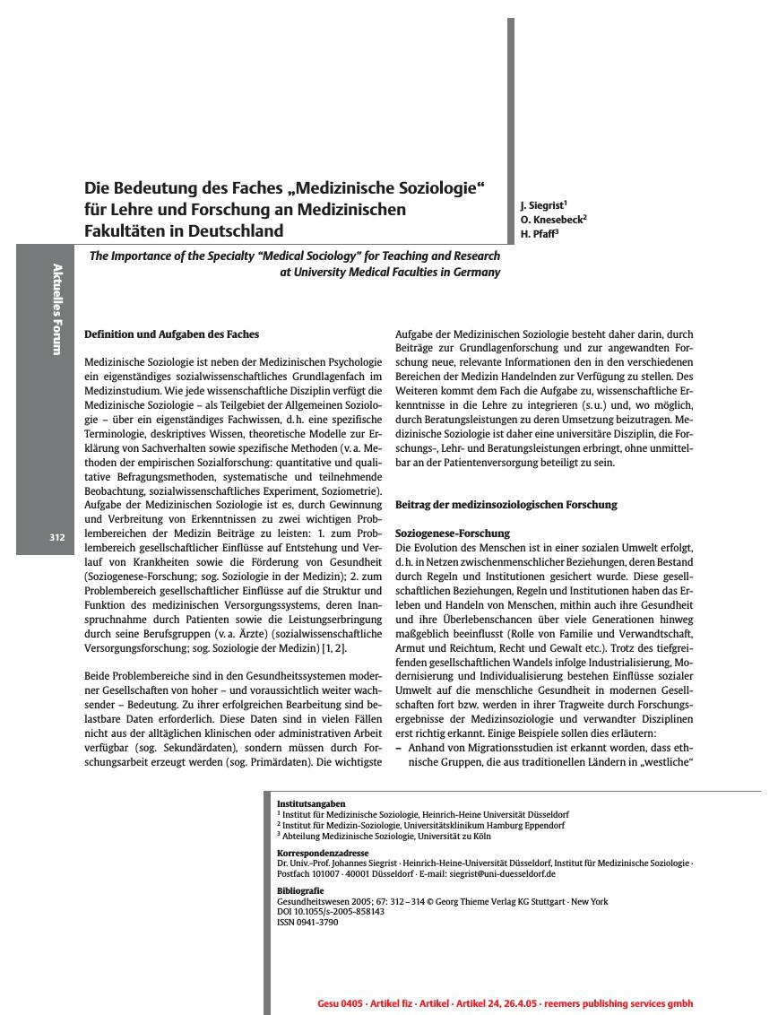 Vorschauseite 1: Die Bedeutung des Faches? Medizinische Soziologie? für Lehre und Forschung an Medizinischen Fakultäten in Deutschland
