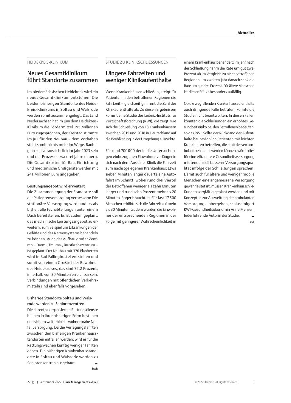 Vorschauseite 1: Studie zu Klinikschließungen: Längere Fahrzeiten und weniger Klinikaufenthalte