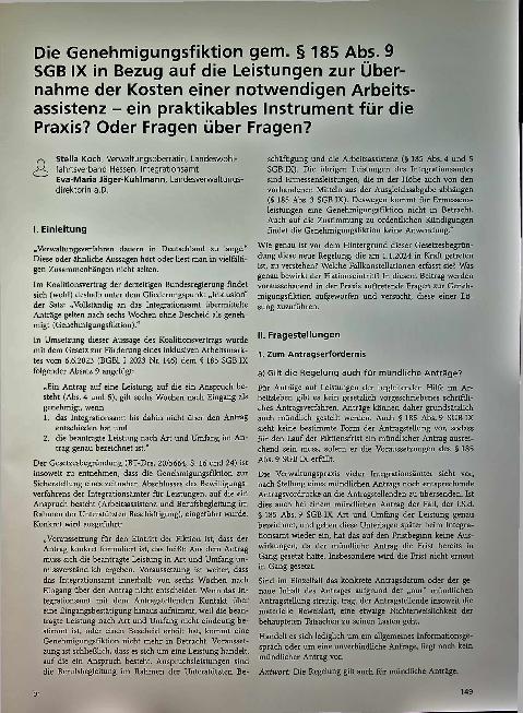 Vorschauseite 1: Die Genehmigungsfiktion gem. § 185 Abs. 9 SGB IX in Bezug auf die Leistungen zur Übernahme der Kosten einer notwendigen Arbeitsassistenz - ein praktikables Instrument für die Prax…