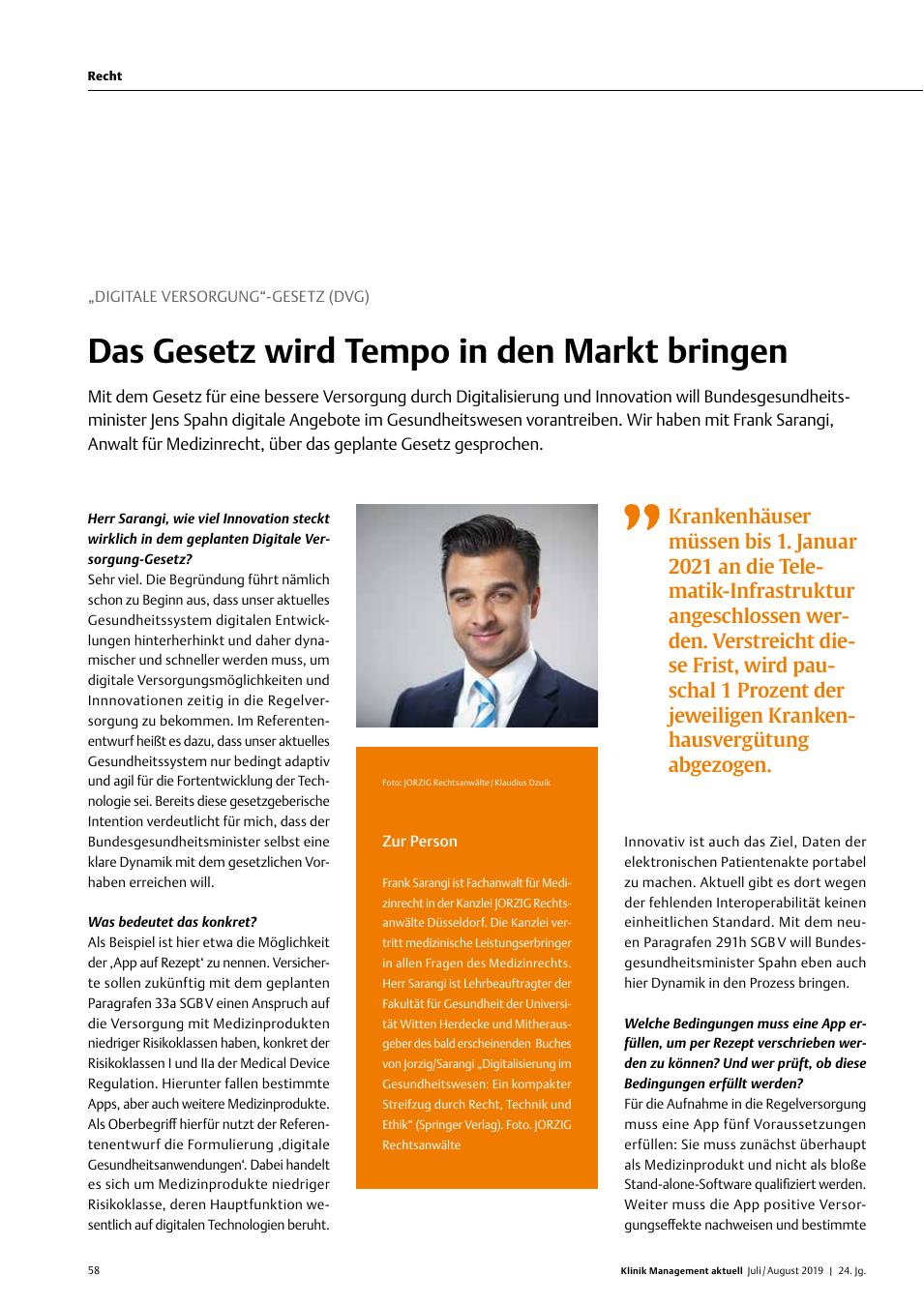 Vorschauseite 1: „Digitale Versorgung“-Gesetz (DVG): Das Gesetz wird Tempo in den Markt bringen