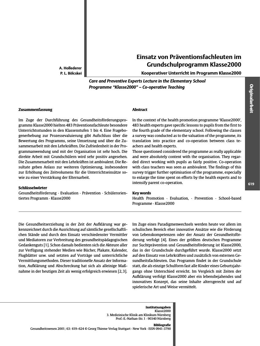 Vorschauseite 1: Einsatz von Präventionsfachleuten im Grundschulprogramm Klasse2000