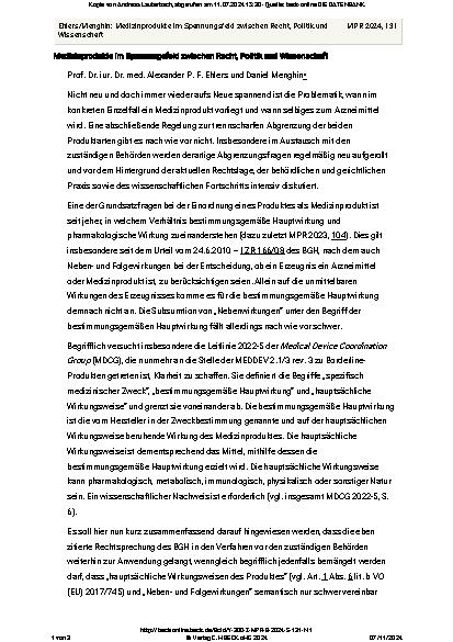 Vorschauseite 1: Medizinprodukte im Spannungsfeld zwischen Recht, Politik und Wissenschaft