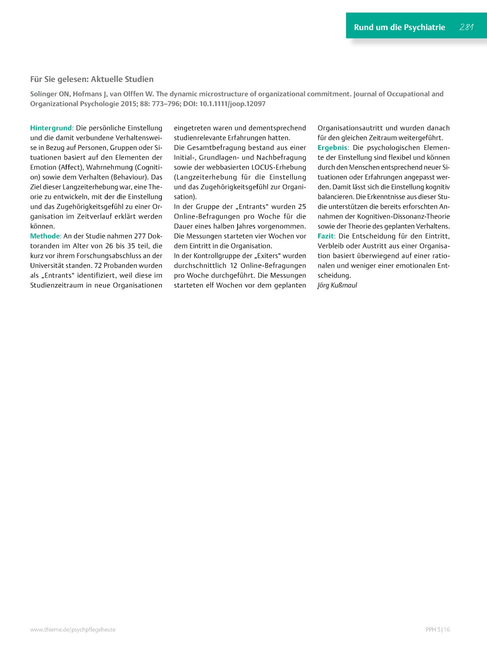Vorschauseite 1: Für Sie gelesen: Solinger ON, Hofmans J, van Olffen W. The dynamic microstructure of organizational commitment