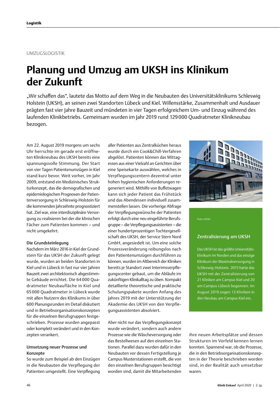 Vorschauseite 1: Umzugslogistik: Planung und Umzug am UKSH ins Klinikum der Zukunft