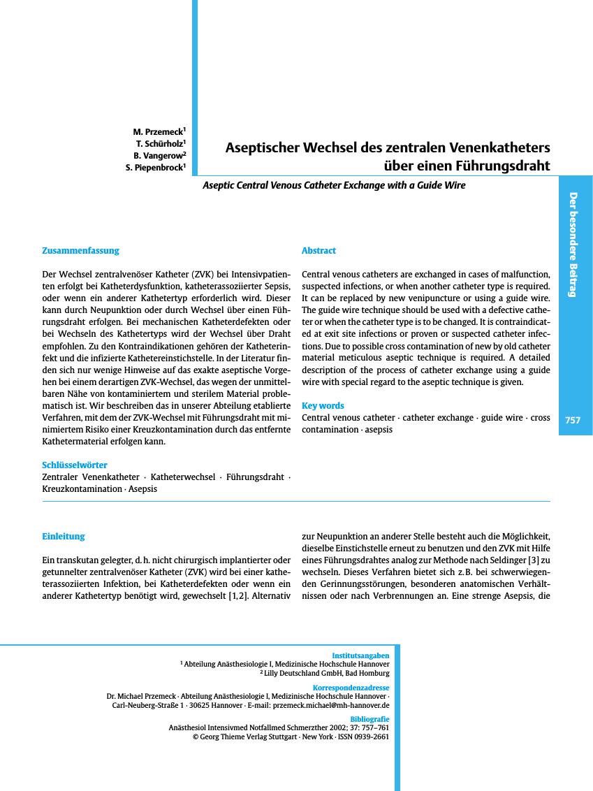 Vorschauseite 1: Aseptischer Wechsel des zentralen Venenkatheters über einen Führungsdraht