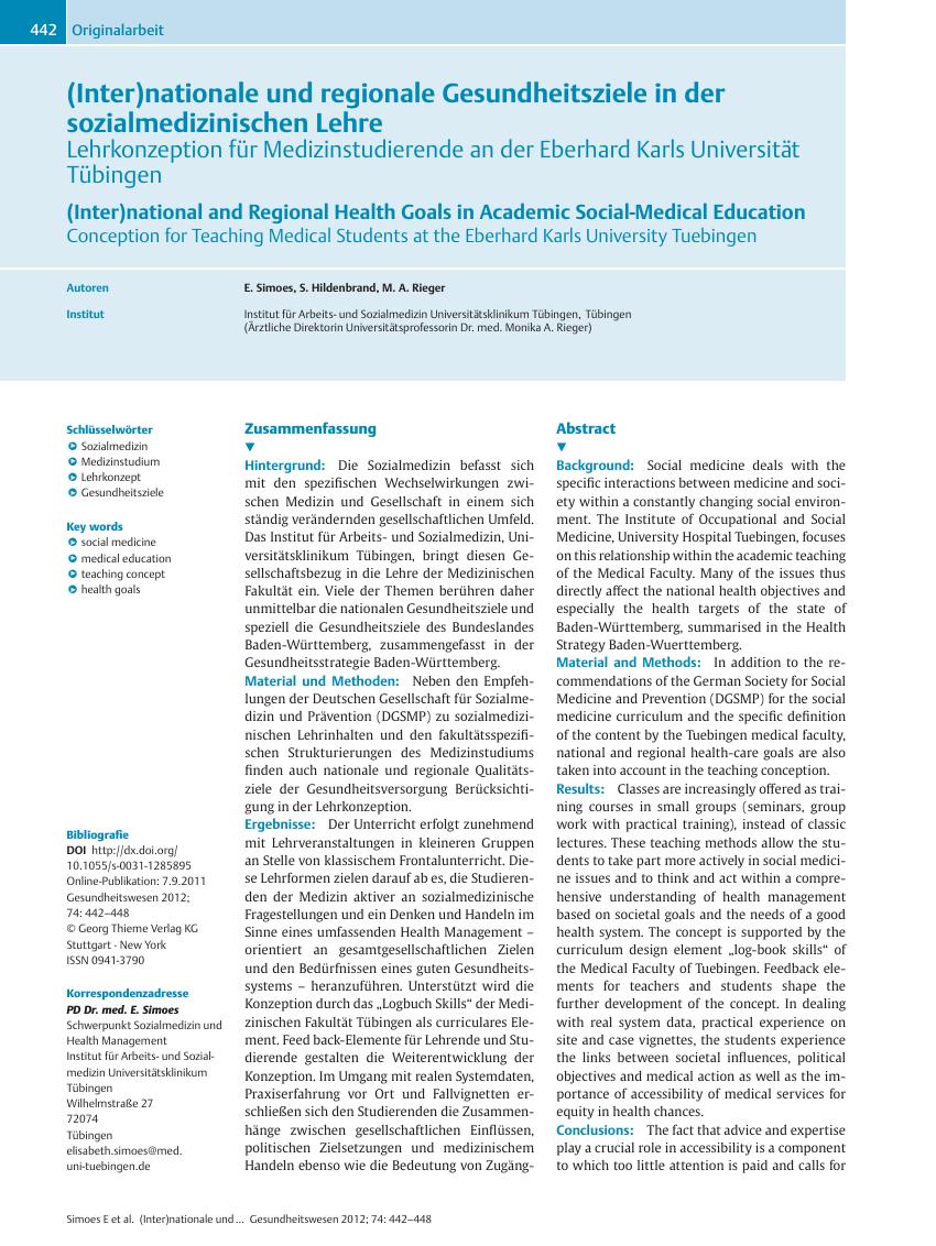 Vorschauseite 1: (Inter)nationale und regionale Gesundheitsziele in der sozialmedizinischen LehreLehrkonzeption für Medizinstudierende an der Eberhard Karls Universität Tübingen