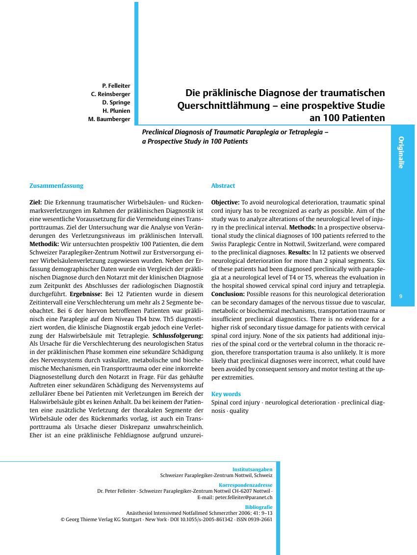 Vorschauseite 1: Die präklinische Diagnose der traumatischen Querschnittlähmung - eine prospektive Studie an 100 Patienten
