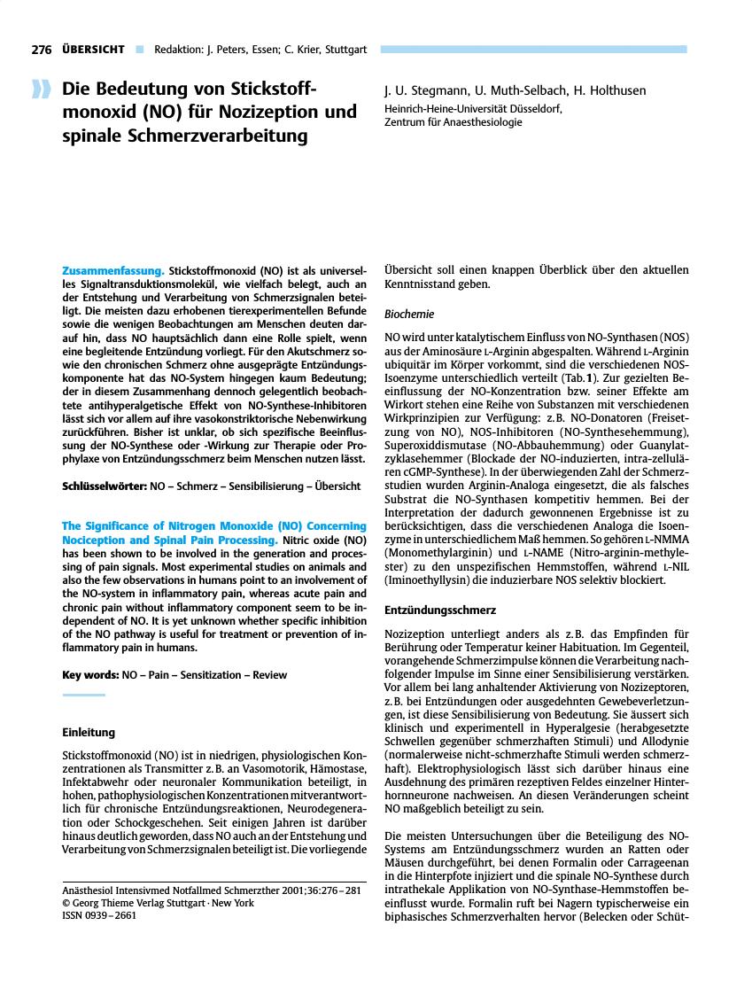 Vorschauseite 1: Die Bedeutung von Stickstoff monoxid (NO) für Nozizeption und spinale Schmerzverarbeitung