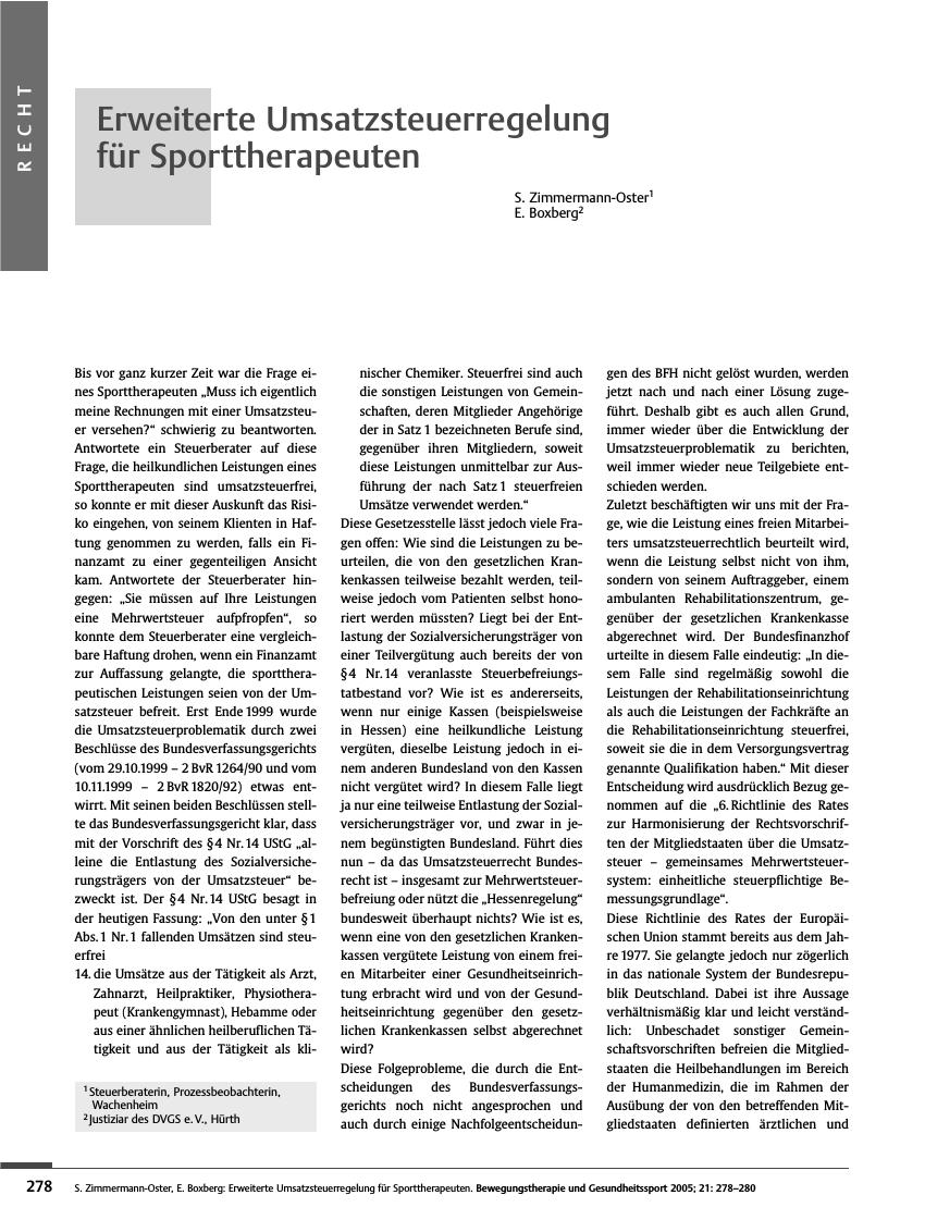 Vorschauseite 1: Erweiterte Umsatzsteuerregelung für Sporttherapeuten