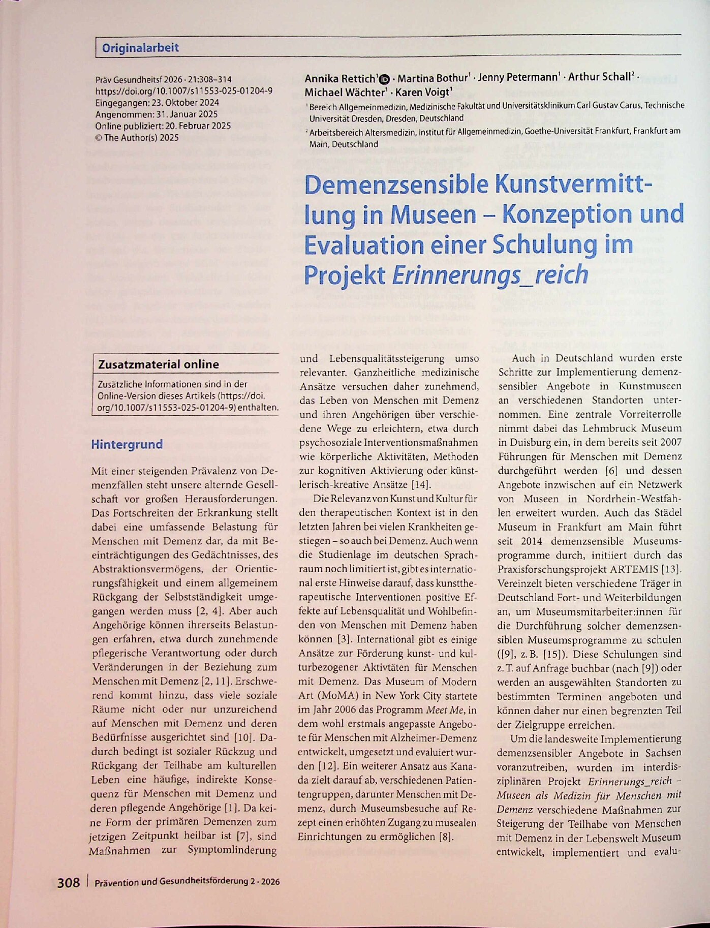Vorschauseite 1: Demenzsensible Kunstvermittlung in Museen – Konzeption und Evaluation einer Schulung im Projekt Erinnerungs_reich