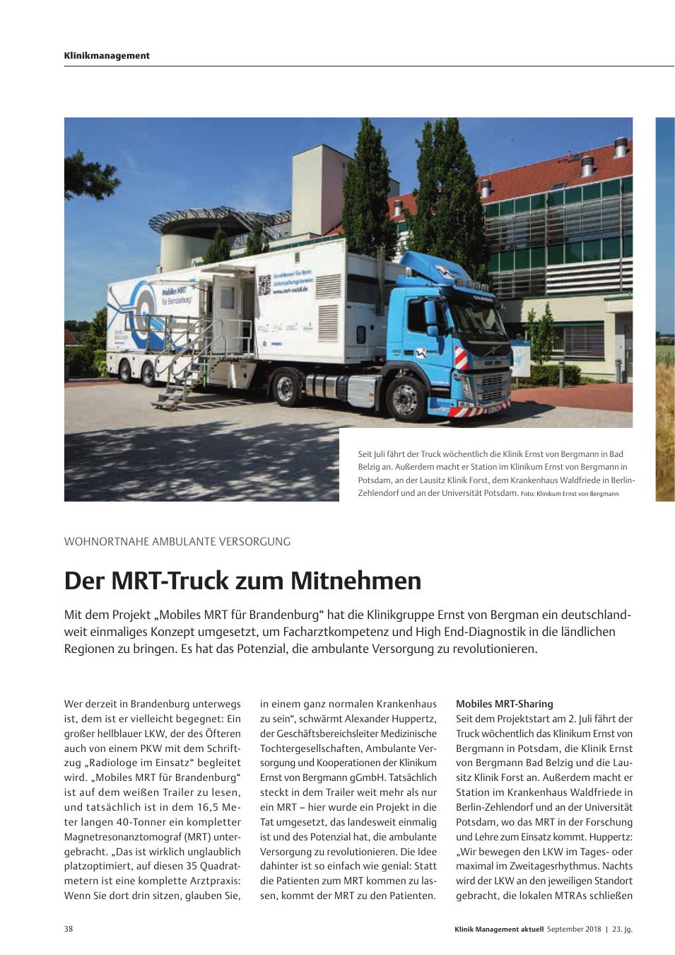 Vorschauseite 1: Wohnortnahe ambulante Versorgung: Der MRT-Truck zum Mitnehmen