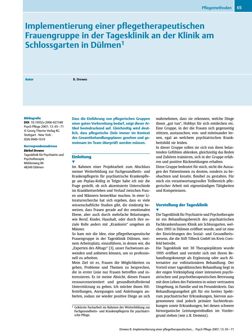 Vorschauseite 1: Implementierung einer pflegetherapeutischen Frauengruppe in der Tagesklinik an der Klinik am Schlossgarten in Dülmen