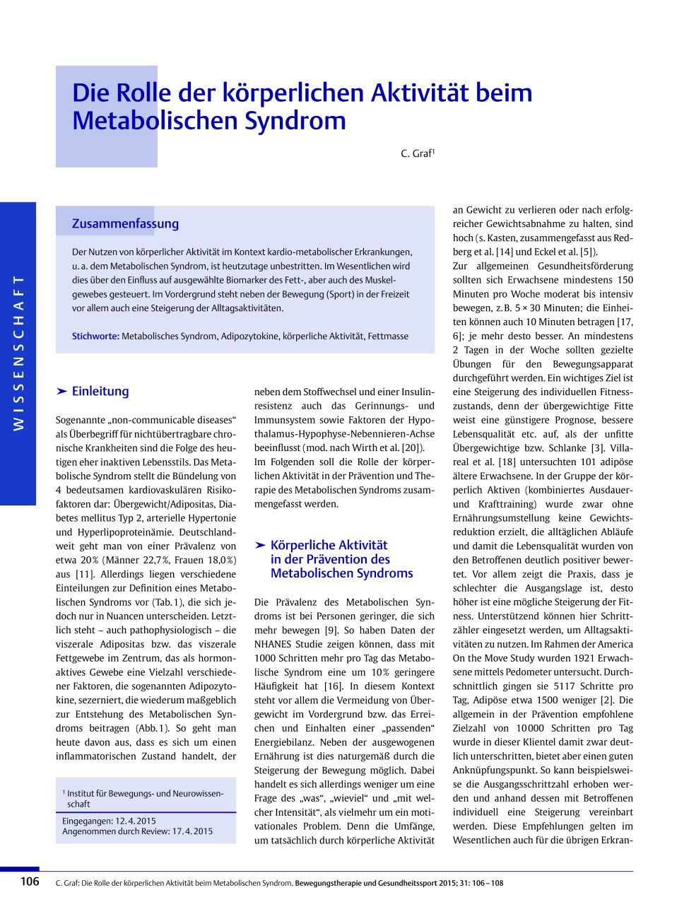 Vorschauseite 1: Die Rolle der körperlichen Aktivität beim Metabolischen Syndrom