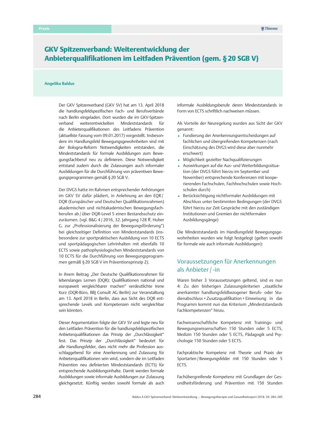 Vorschauseite 1: GKV Spitzenverband: Weiterentwicklung der Anbieterqualifikationen im Leitfaden Prävention (gem. § 20 SGB V)