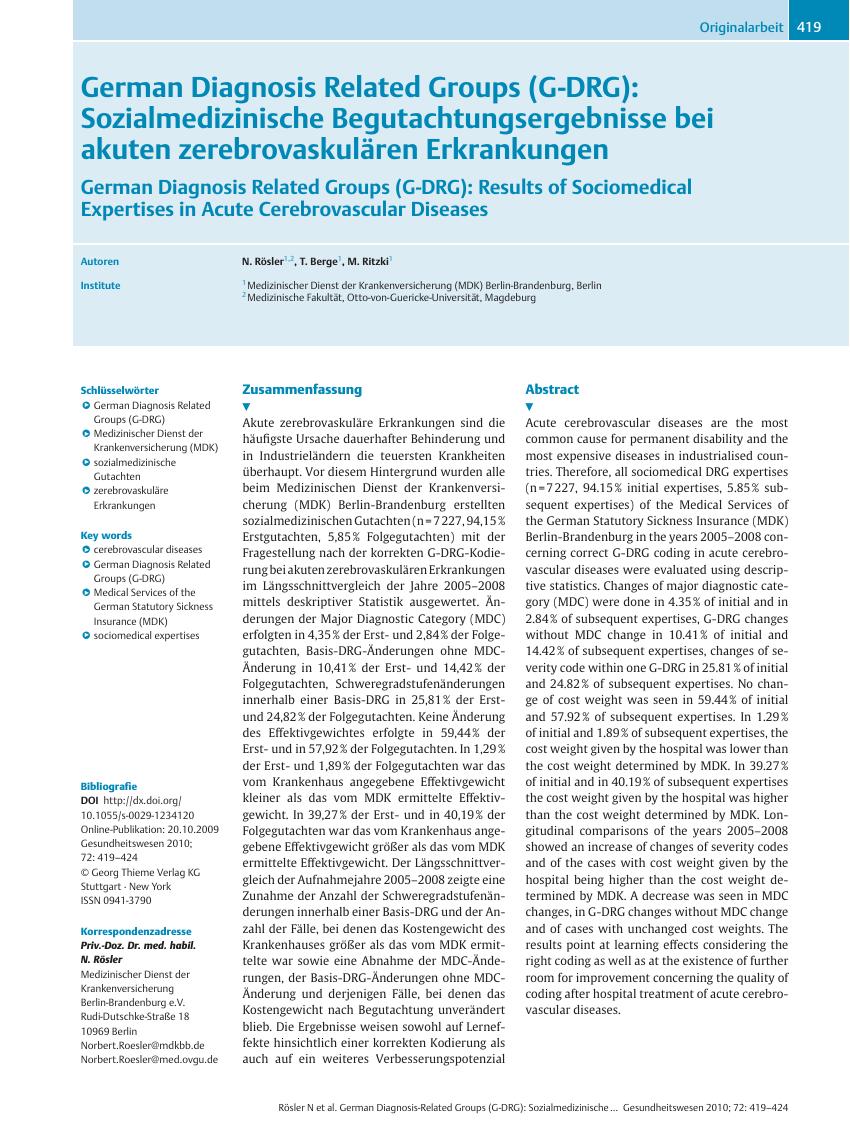 Vorschauseite 1: German Diagnosis Related Groups (G-DRG):Sozialmedizinische Begutachtungsergebnisse bei akuten zerebrovaskulären Erkrankungen