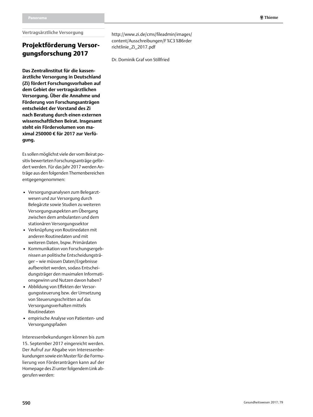 Vorschauseite 1: Projektförderung Versorgungsforschung 2017