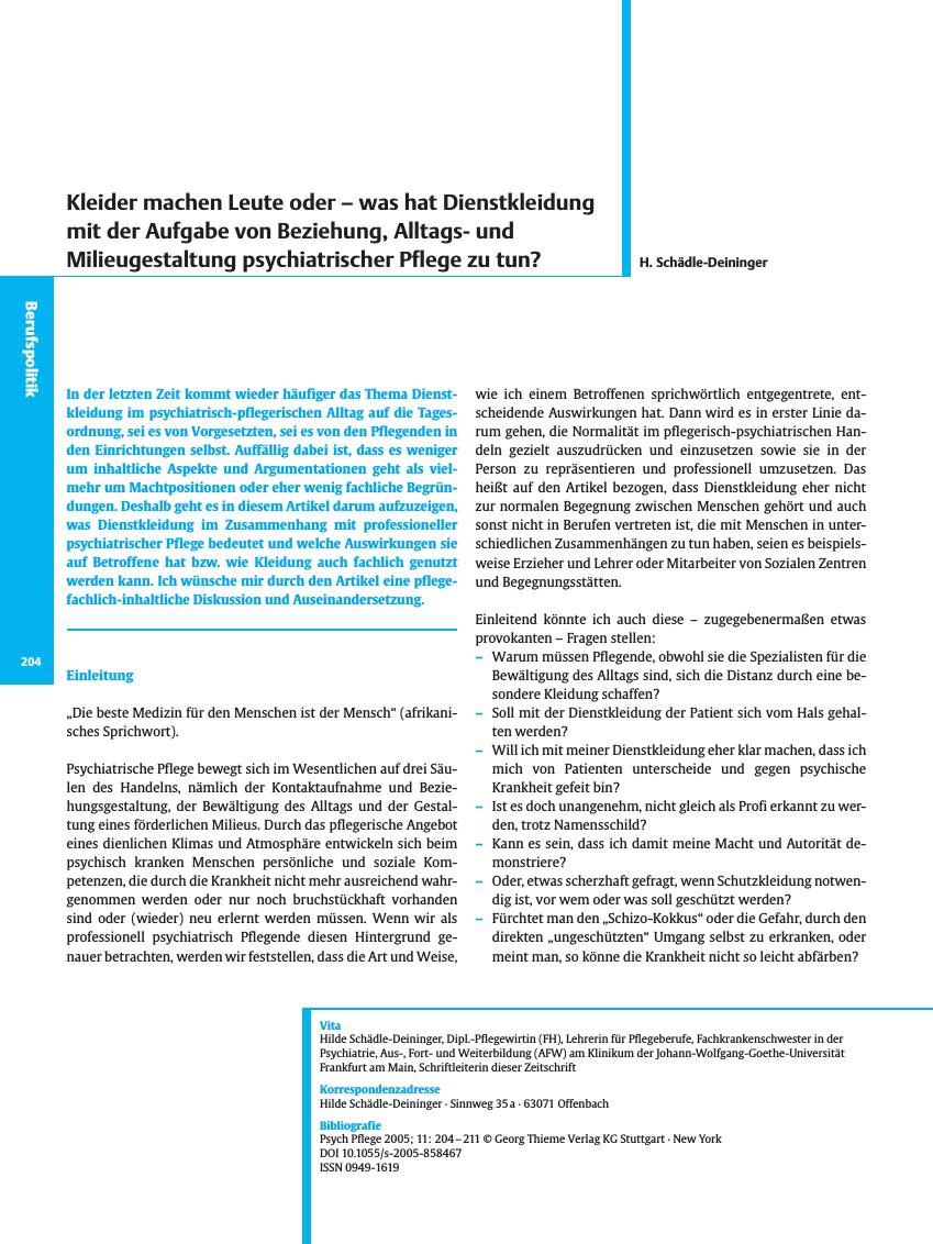 Vorschauseite 1: Kleider machen Leute oder - was hat Dienstkleidung mit der Aufgabe von Beziehung, Alltagsund Milieugestaltung psychiatrischer Pflege zu tun?
