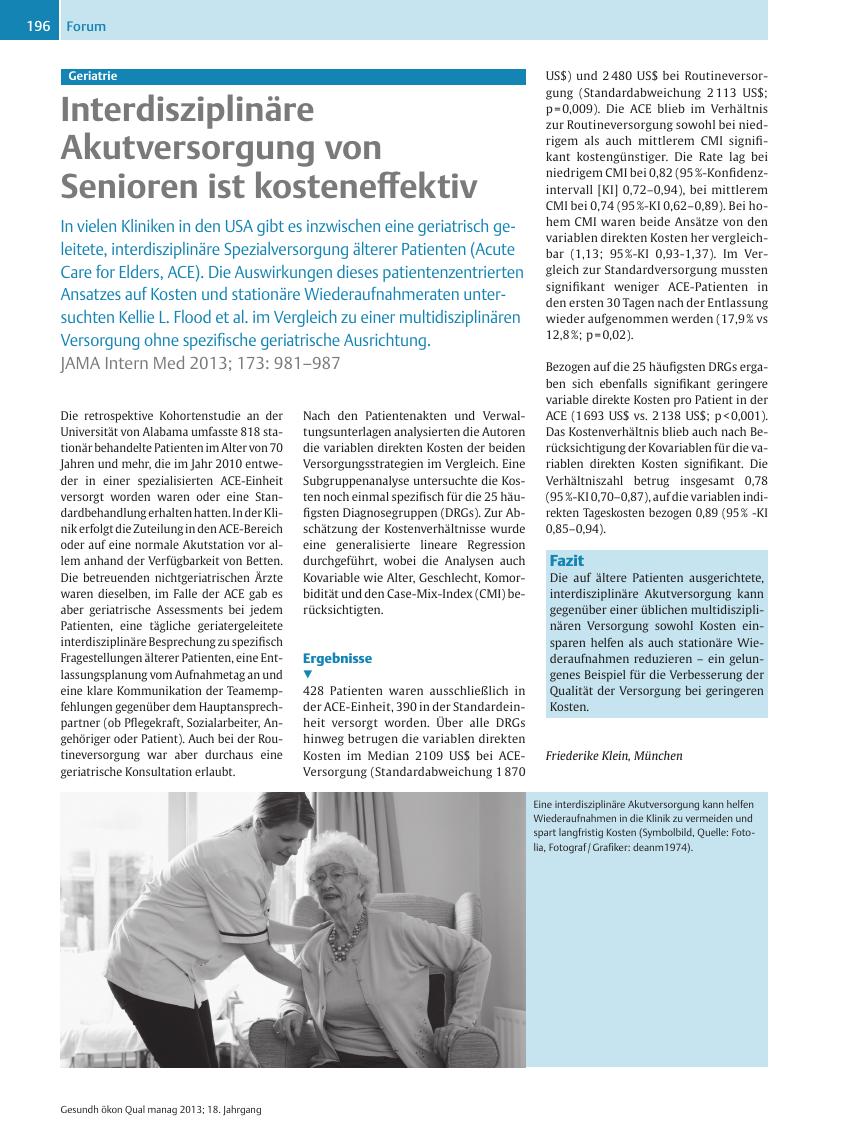Vorschauseite 1: Geriatrie – Interdisziplinäre Akutversorgung von Senioren ist kosteneffektiv