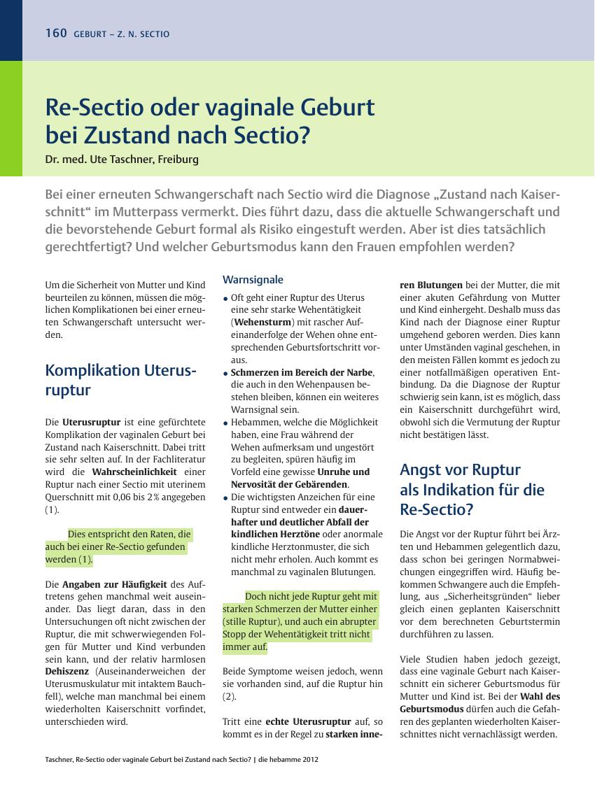 Vorschauseite 1: Re-Sectio oder vaginale Geburt bei Zustand nach Sectio?