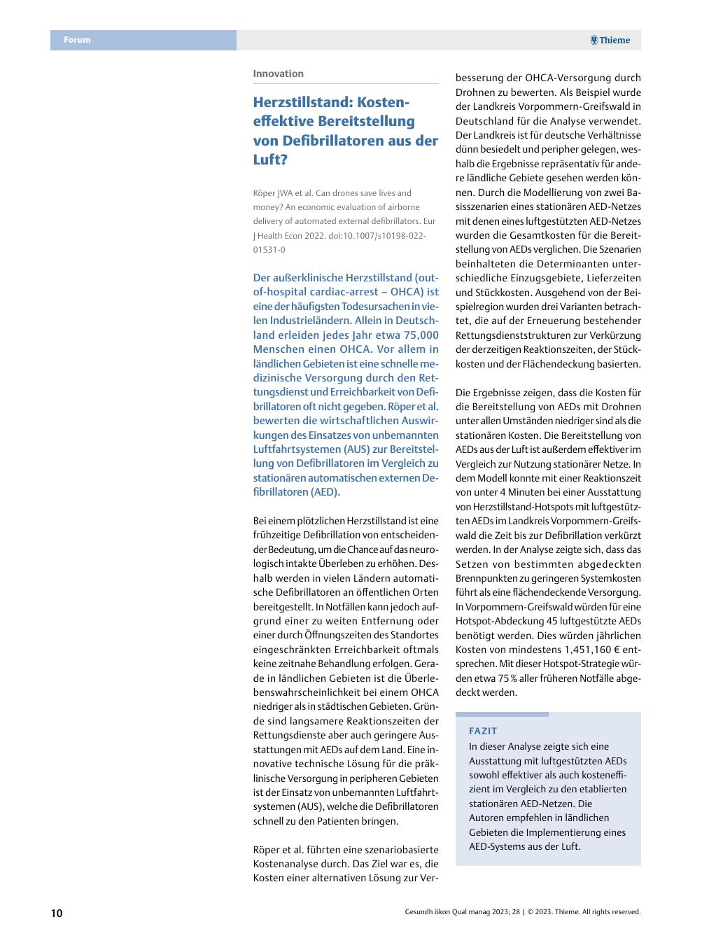 Vorschauseite 1: Innovation - Herzstillstand: Kosteneffektive Bereitstellung von Defibrillatoren aus der Luft?