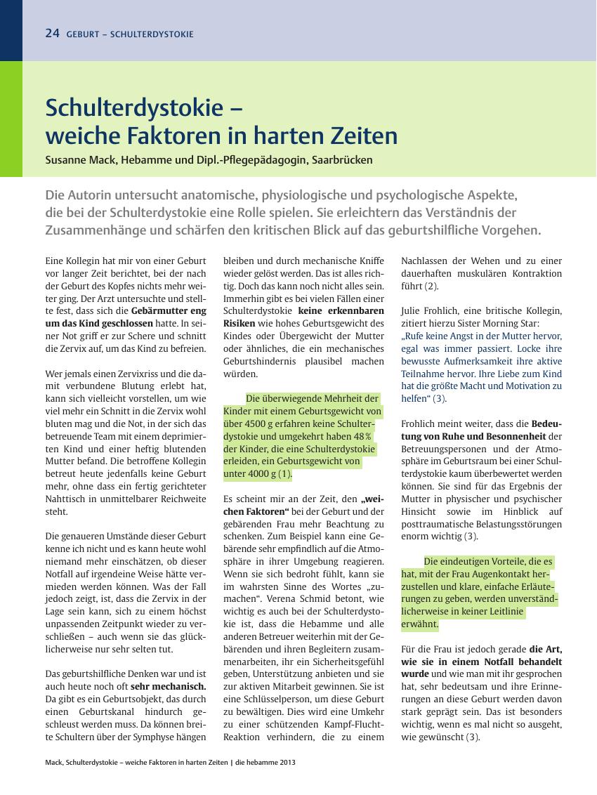 Vorschauseite 1: Schulterdystokie – weiche Faktoren in harten Zeiten
